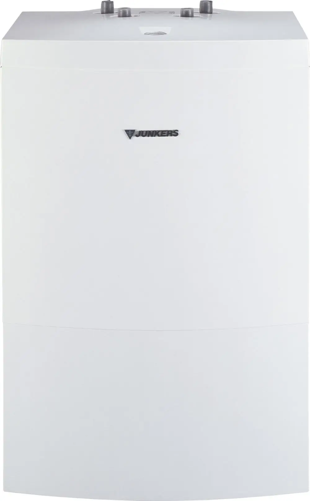 Weißer Warmwasserspeicher mit einem runden oberen Anschluss und zwei Bedienelementen. Marke Bosch, geeignet für wandhängende Installation in modernen Heizsystemen.
